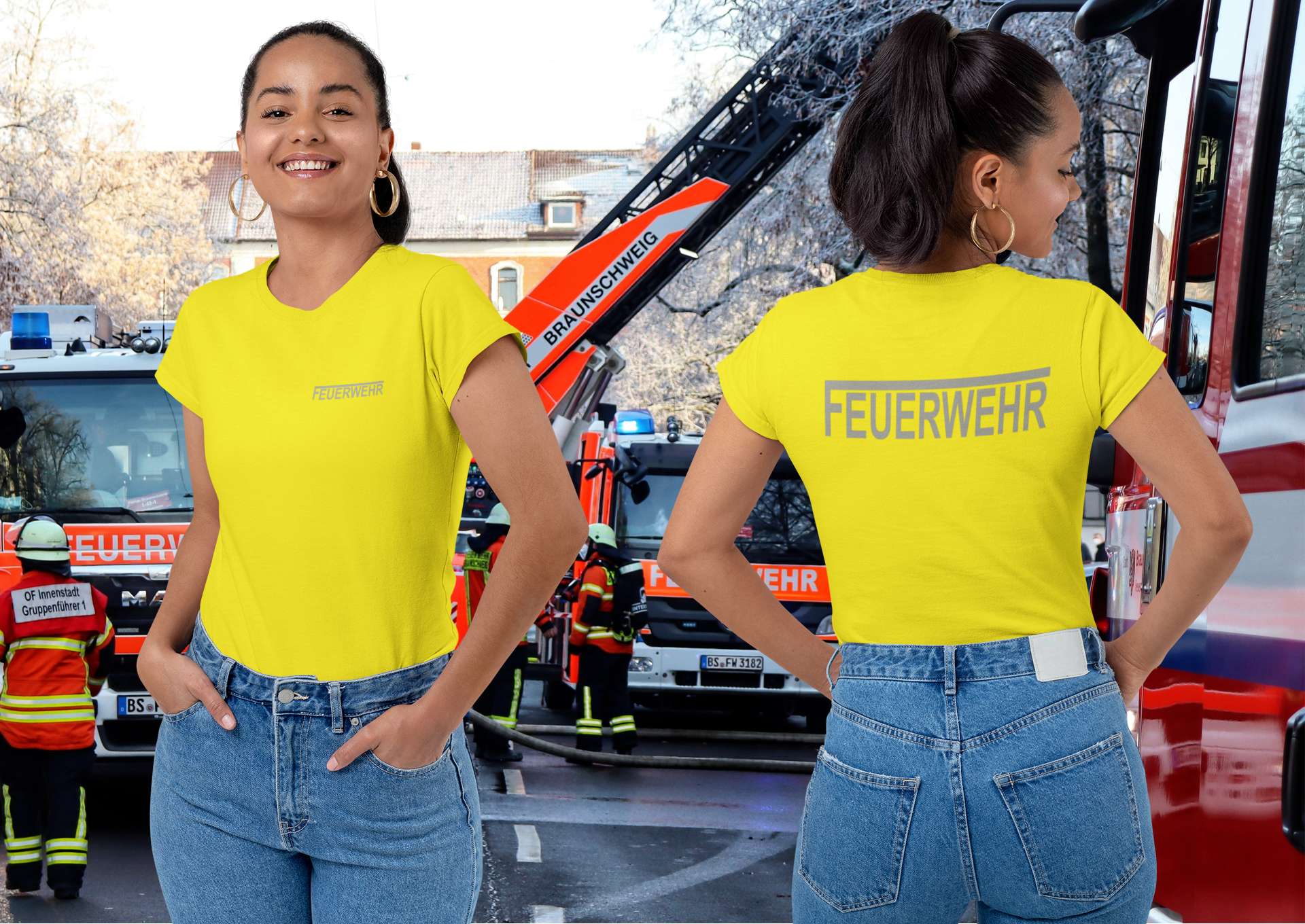 T-Shirt FEUERWEHR mit reflektierendem Brust- und Rückendruck